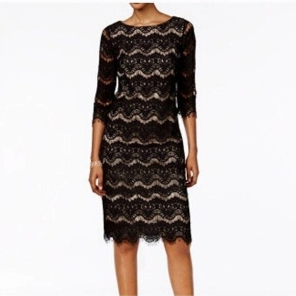 Jessica Howard Black Lace Nude Lining 3/4 Sleeve Dress 8 - Picture 1 of 11